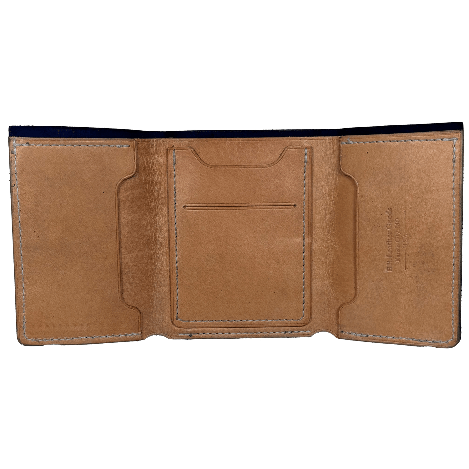 Navy Blue Vegetable Tanned Leather Tri-Fold Wallet - BB Leather Goods