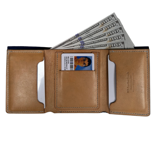 Navy Blue Vegetable Tanned Leather Tri-Fold Wallet - BB Leather Goods